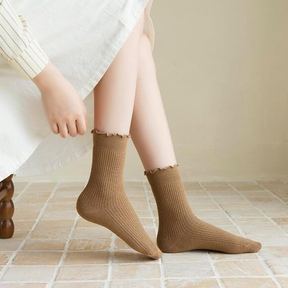 Brown Black  Women’s Ruffle Socks 6 Pairs Cute Frilly Cotton Knit Ankle Crew Set - Picture 4 of 6